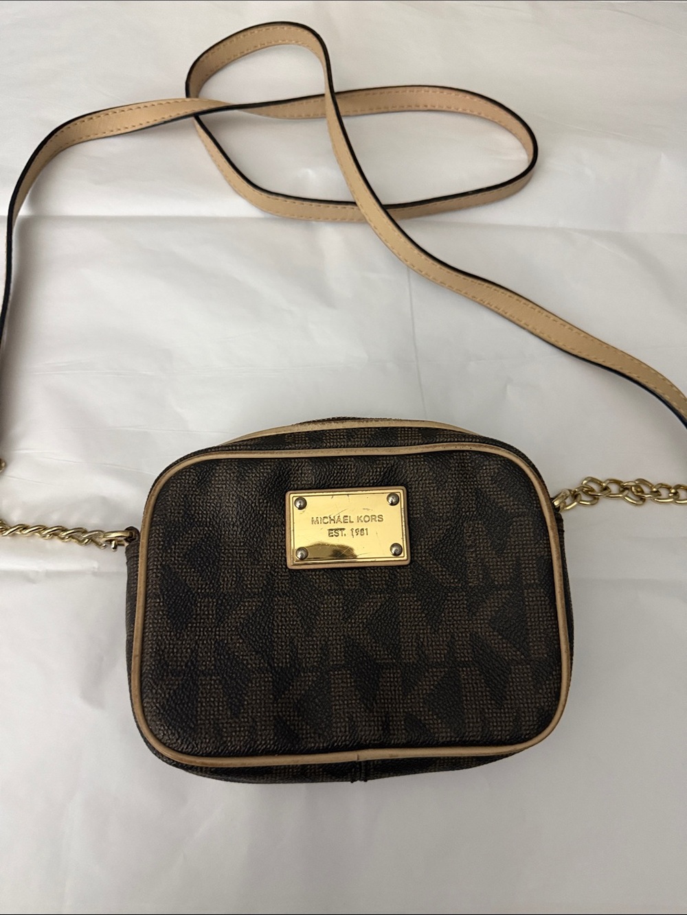 Michael Kors Mini Dark Brown Logo Crossbody with Beige Trim
